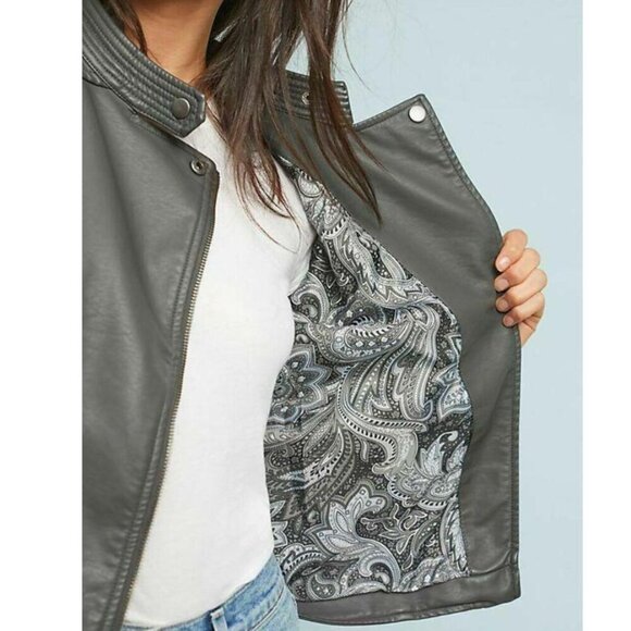 Anthropologie Jacket Moto Crop Womens Extra Small Gray Vegan Faux Leather Pocket - Picture 9 of 15